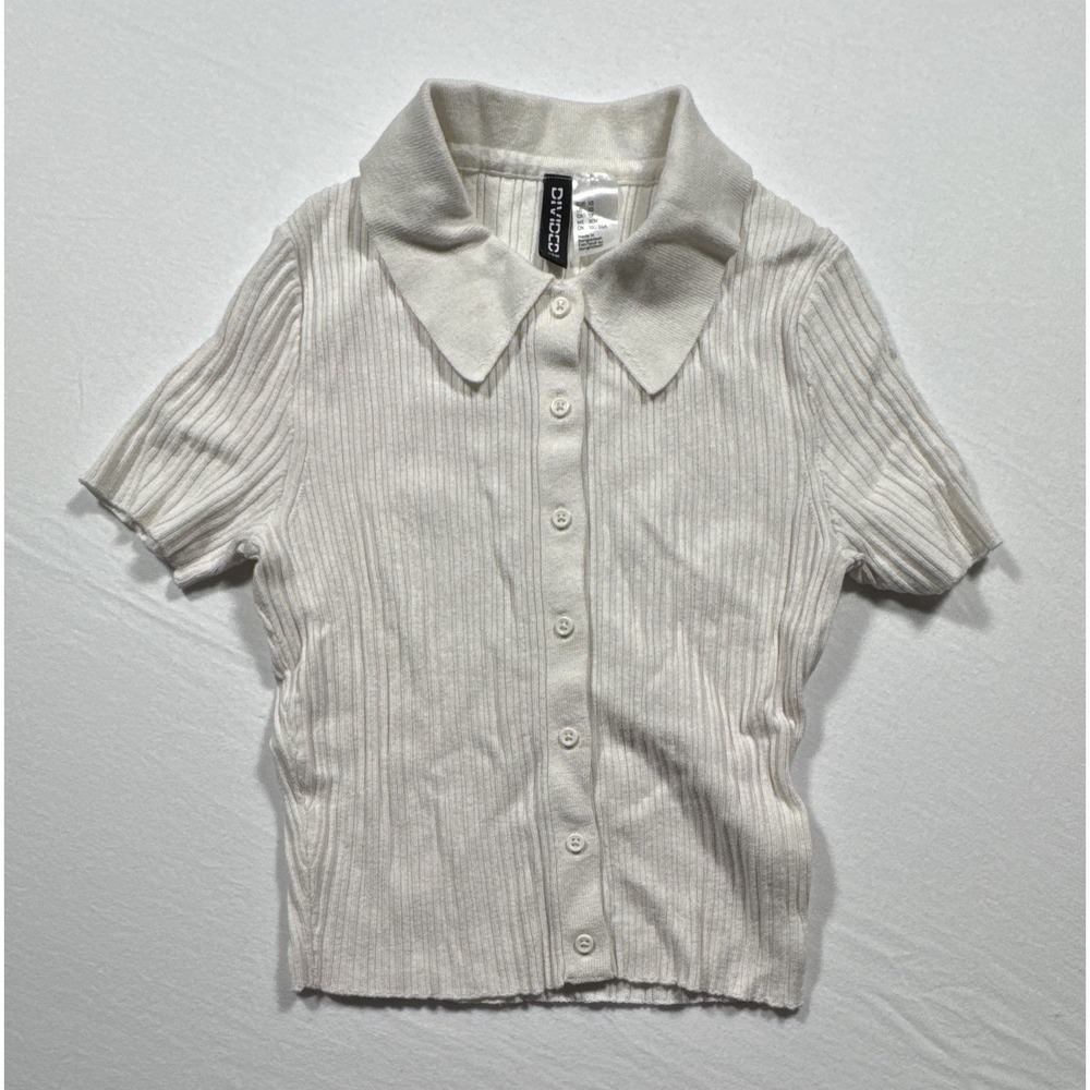 Divided H&M Girls Cream Solid Collared Button Ribbed Knit Short Sleeve Polo, XS